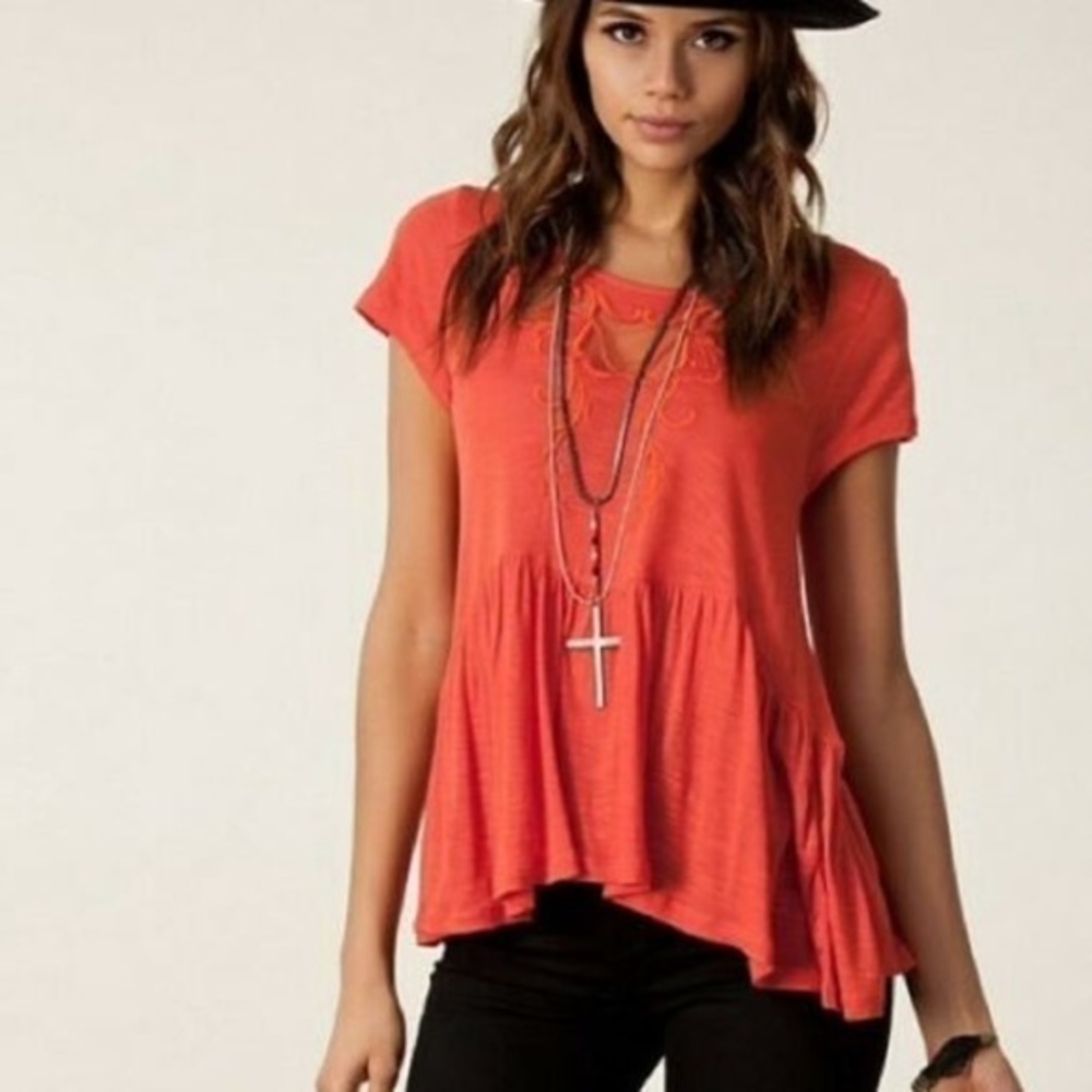 Free People Coral Pink Red Peplum Top
